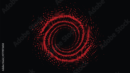 Vibrant red circular digital pulse on dark background, futuristic glowing ring pattern, abstract technology energy wave concept, modern dynamic art illustration