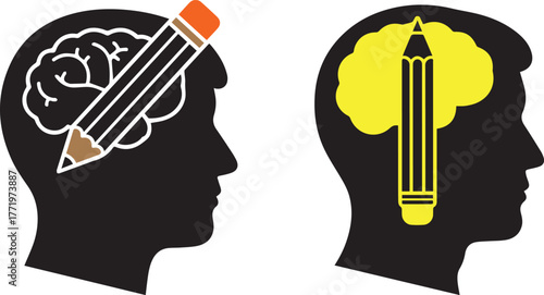 Two black silhouette heads facing each other with stylized brains and pencils inside head silhouette