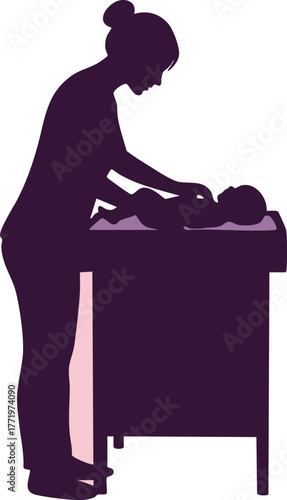 Mother changing diaper on baby at changing table silhouette vector illustration in purple and pink colors 