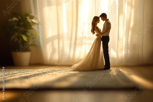 Miniature wedding figures, a bride and groom, share a tender embrace bathed in warm light from a sunlit window.