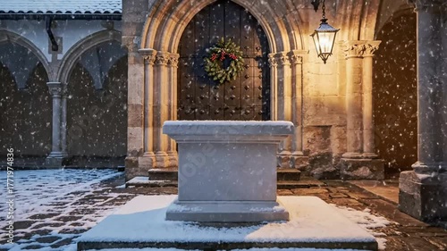 Ancient stone altar in front of gothic church entrance with festive wreath and warm lantern light during gentle snowfall creating a serene winter atmosphere for holiday... Podium