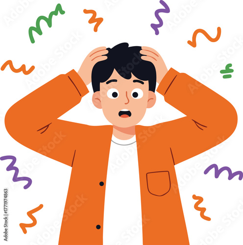 Young man with shocked or stressed expression holding head in orange jacket vector illustration 