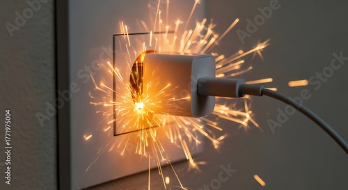 Electrical adapter sparking in wall socket, concept of short circuit, fire hazard, or electrical accident, for safety awareness campaigns.