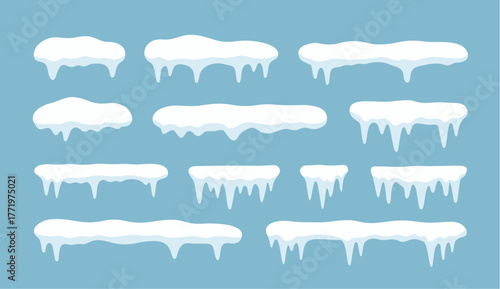 Snow ice vector winter frame effect frozen illustration. Icicle cold frozen frost ice snow cap set.