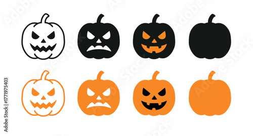 Halloween pumpkin faces spooky funny expressions black orange isolated. Pumpkin scary smile emotion