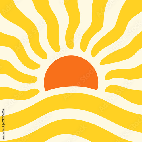 Summer sun retro abstract groovy background. Funky wave sun pattern poster cartoon illustration.