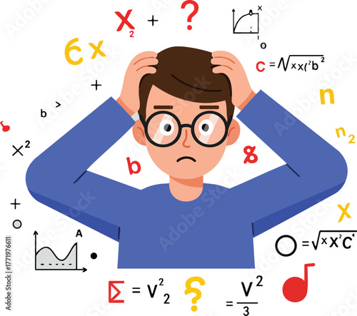Confused man solving complex math problems with formulas and graphs vector illustration 