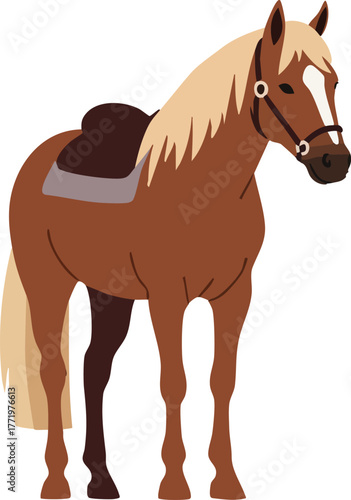 Brown horse with blonde mane and saddle standing in profile vector illustration for equestrian and animal themes 