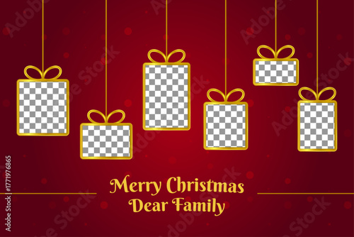 Hanging gold gifts on festive Christmas templates with space for photos and an elegant red background