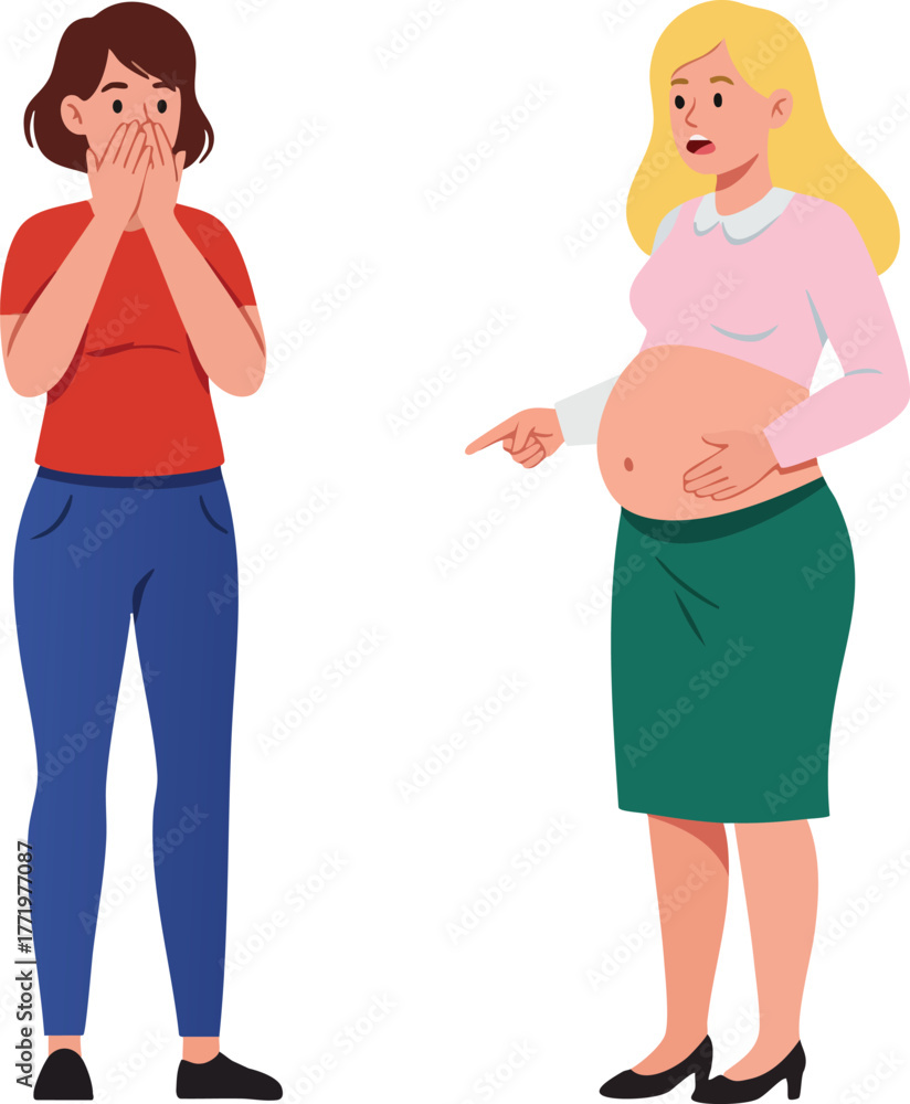 Fototapeta premium Pregnant woman pointing at shocked friend with hands over mouth in casual clothing vector illustration 