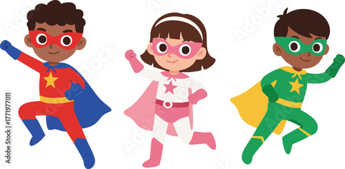 Kids dressed as colorful superheroes with capes and masks flying together in playful action scene vector illustration 