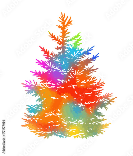 Colorfull decorated Christmas and new year tree. Hand drawn. Not AI, vector illustration.