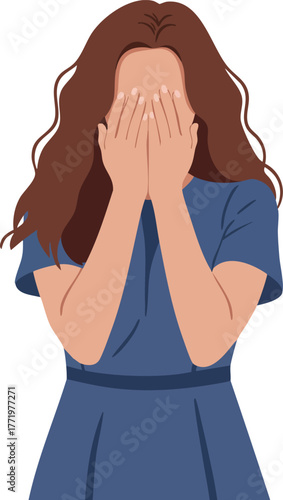 Young woman covering face with hands wearing blue dress vector illustration of shy girl expressing emotion 