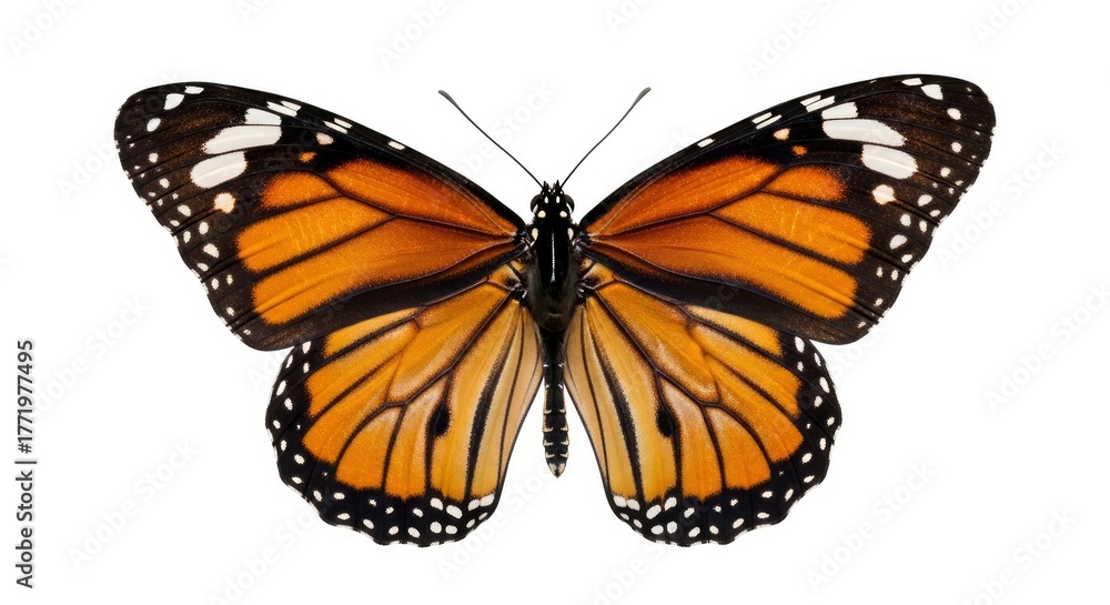 Fototapeta premium Vibrant orange and black butterfly with wings spread, isolated on a clean white background.