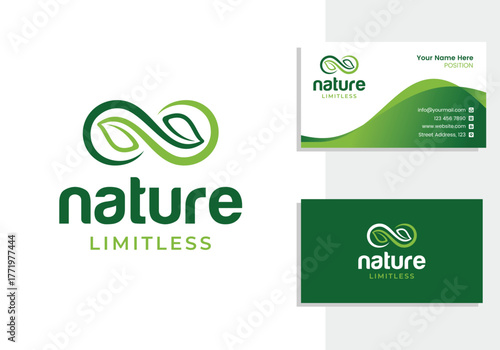 Leaf with infinity symbol, nature limitless logo and business card design template