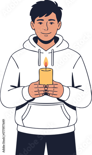 Young man holding glowing candle in white hoodie vector illustration with serene expression 