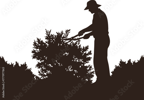 Gardener trimming bush silhouette gardening outdoor work nature activity vector illustration 