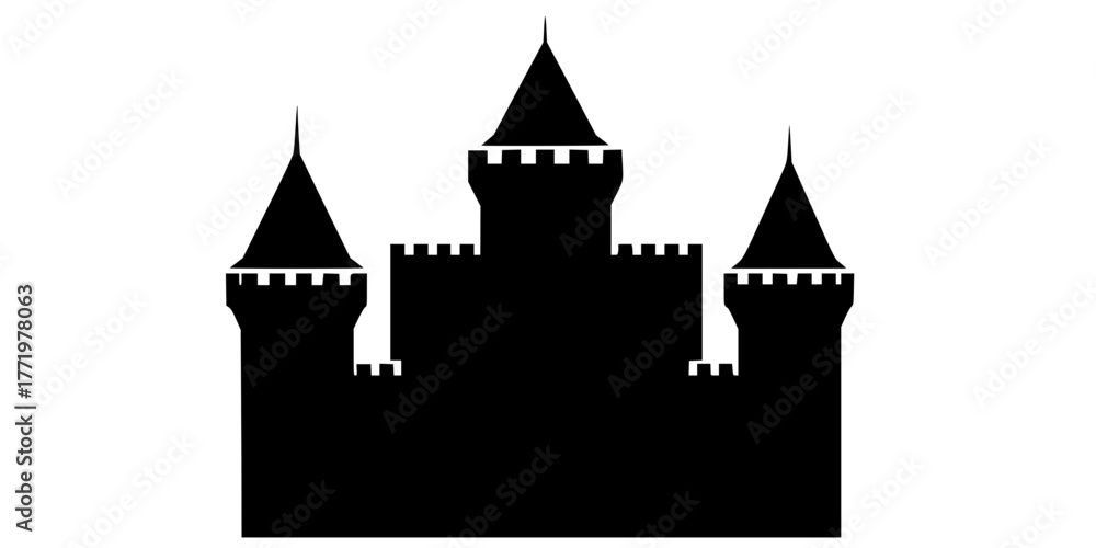Obraz premium Medieval Castle Silhouette Three Towers Flat Vector Icon