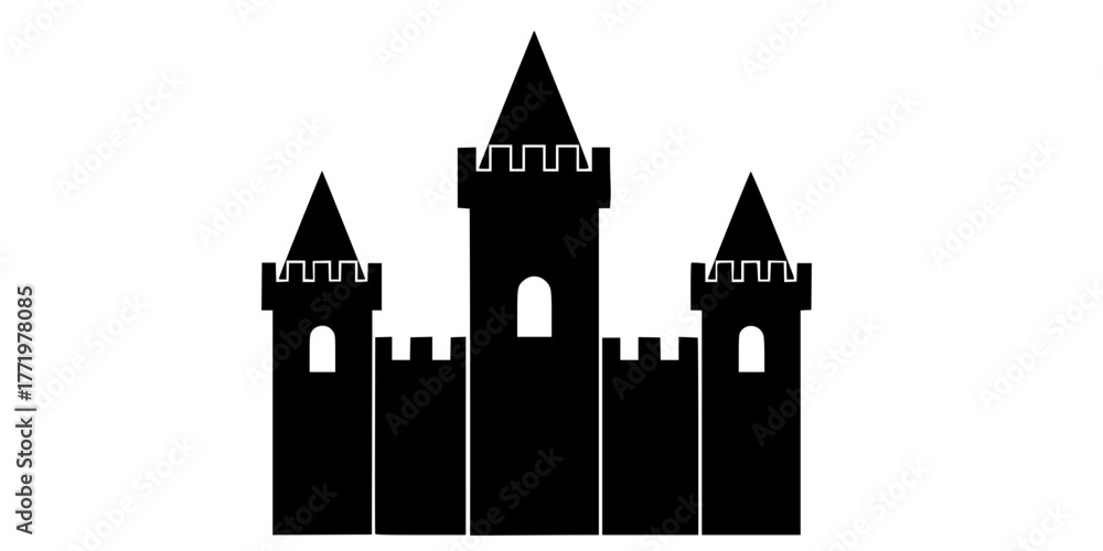 Fototapeta premium Medieval Castle Silhouette Three Towers Flat Vector Icon