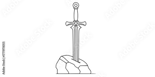 Arthurian Excalibur Sword in Stone Minimalist Line Art