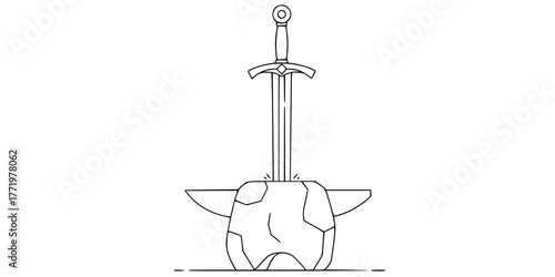 Arthurian Excalibur Sword in Stone Minimalist Line Art