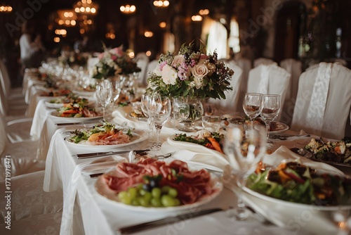 Long table is set with a variety of food and drinks, including a large salad and a fruit platter. The table is set with white tablecloths and silverware, and there are several wine glasses and cups