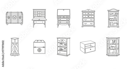 antique furniture a collection of vintage cabinets chests and shelving units for interior design projects and historical illustrations classic style.