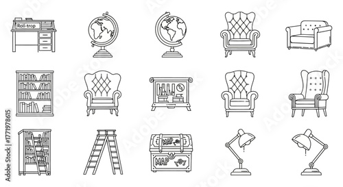 antique furniture featuring roll-top desk globes armchairs and bookshelves in line art style for historical illustration and vintage design projects.