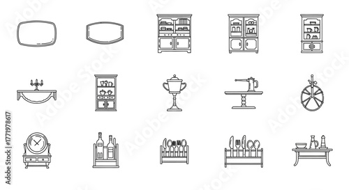 antique furniture icons line art illustrations of vintage home furnishings including tables cabinets and decor ideal for historical designs