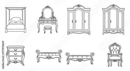 antique furniture line art elegant bedroom set showcasing classic designs ideal for interior decor architectural blueprints and vintage style guides