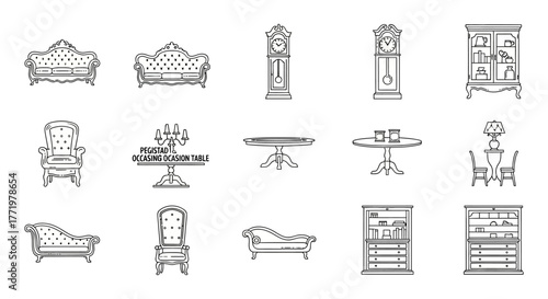 antique furniture icons vintage interior design elements depicting sofas tables clocks and cabinets ideal for historical decor concepts line art style