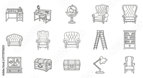antique furniture icons roll-top desk armchairs globe  chest. sketch drawing illustrations collection set ideal for vintage design projects.