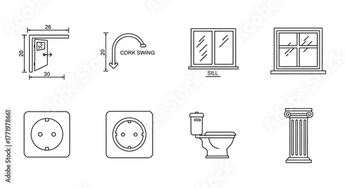 architectural blueprint symbols door swing window sill outlet toilet column illustrations for building plans and architectural projects