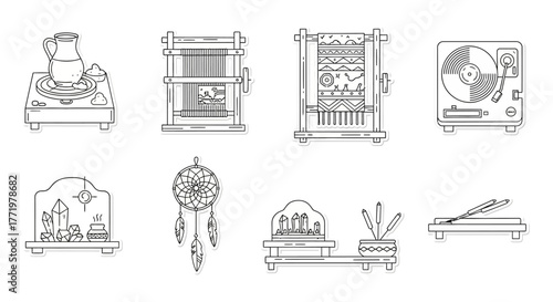 Arts and crafts tools illustrations pottery weaving turntable crystals dreamcatcher spiritual items creating creative hobby equipment