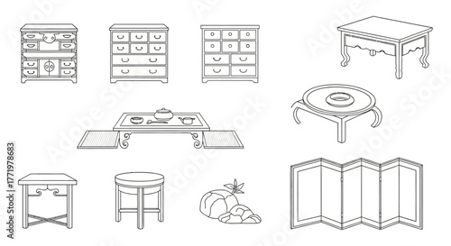 Asian furniture line art collection showcasing traditional designs for interior decoration conveying elegance and cultural richness ideal for design projects