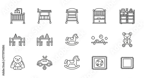baby furniture set showcasing a nursery interior with a crib changing table rocking horse and toys perfect for childcare design concepts.