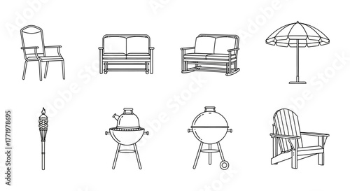 backyard barbecue icons chairs grills tiki torch and umbrella for outdoor living depicting summer fun and relaxation for patio decoration needs