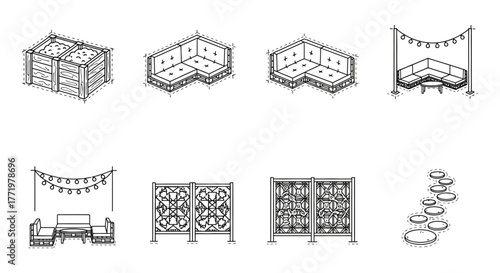 backyard design elements depicting pallet sofas with string lights and stepping stones for outdoor living concepts perfect for landscaping brochures