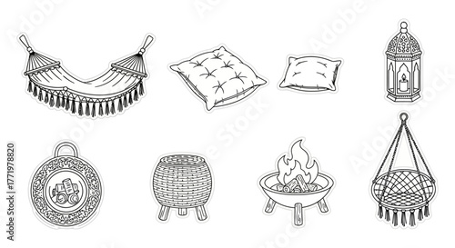 Cozy backyard relaxation setup hammock fire pit pillows  lantern creating an inviting outdoor living space for leisure and evening gatherings