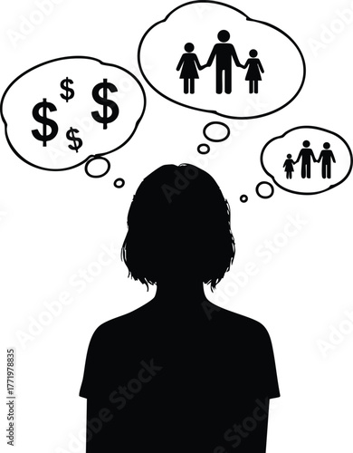 Woman silhouette thinking about family and money concepts vector illustration for lifestyle and social issues 