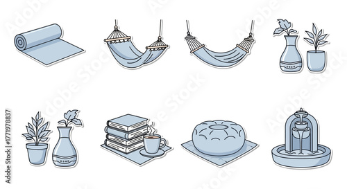 cozy home decor elements yoga mat hammocks plants books and a fountain creating a serene and relaxing indoor retreat perfect for lifestyle blogs