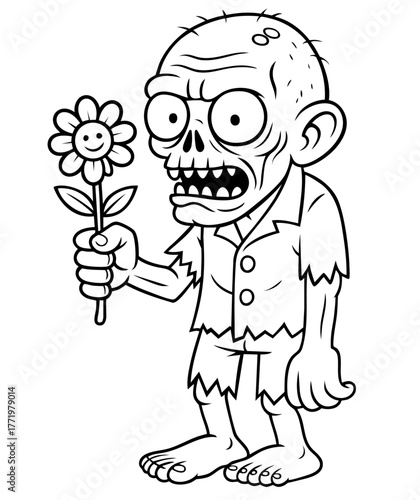 Cute zombie with flower coloring page — funny undead monster holding daisy for kids