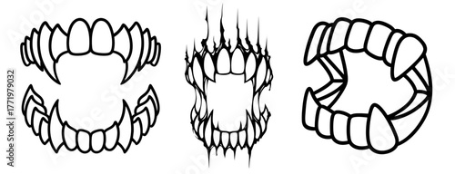 Vampire and monster teeth, fangs set — fake vampire dentures, bloody sharp fangs and demonic jaws for Halloween