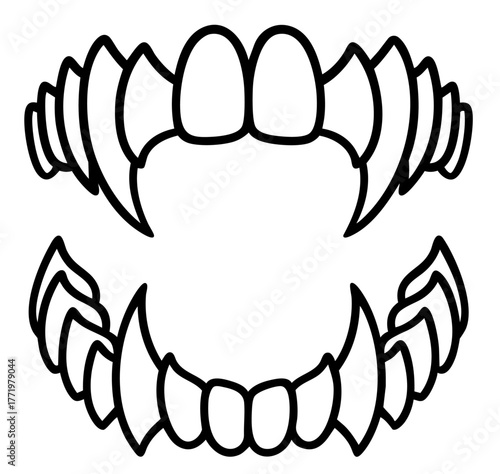 Monster fangs outline, open jaw with clawed sharp teeth, beast mouth silhouette for Halloween