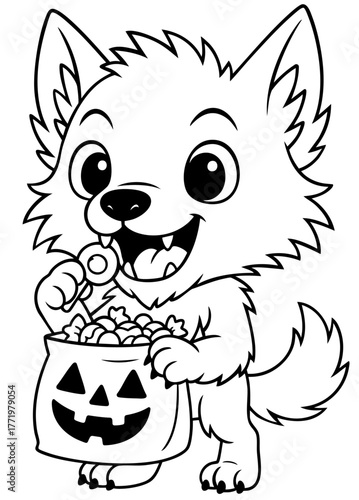 Halloween wolf pup coloring page for kids — cute werewolf character with candy bucket