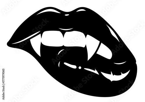 Glossy lips with vampire fangs — seductive female mouth biting lip, gothic temptation and danger