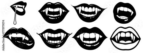 Vampire lips set with fangs and dripping blood — seductive Halloween mouth collection of gothic dark passion and danger