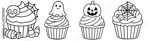 Halloween cupcakes set — spooky desserts with skulls, ghosts, pumpkins, candy and spider webs