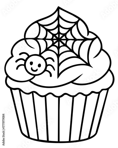 Halloween cupcake with spider and web coloring page for kids — cute dessert with cobweb decoration