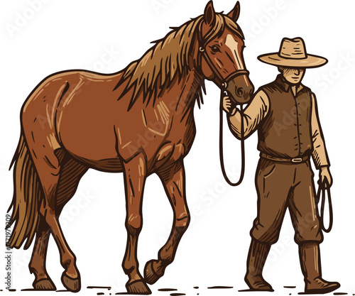Man Leading Brown Horse Outdoors in Rustic Style Vector Illustration for Equestrian and Farming Themes